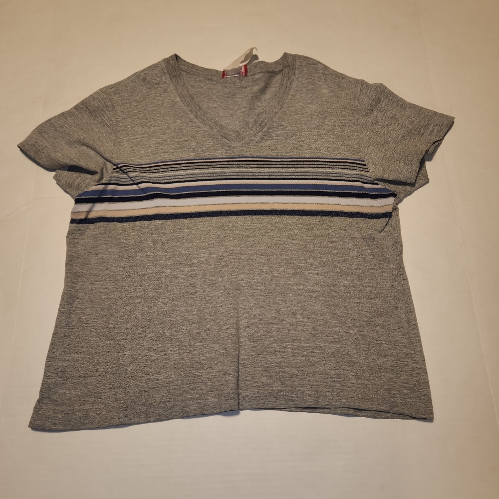 VTG 90s Y2K Jordache Grey Blue Striped V-Neck T-shirt Medium M EUC